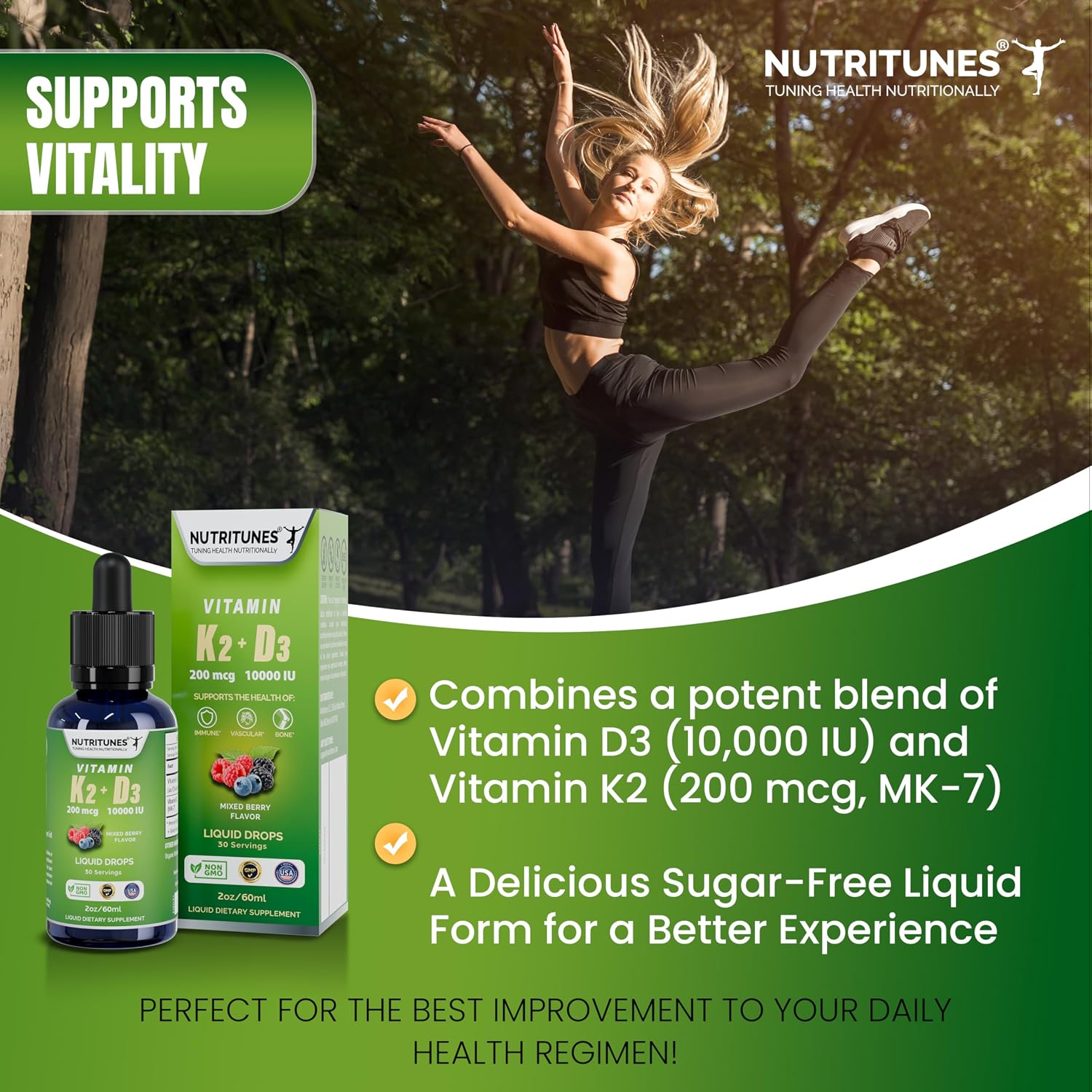 Nutritunes K2 D3 Liquid Drops – Vitamina D3 10.000 UI y K2 200 mcg – Complemento de Alta Potencia – Sabor a Bayas Mixtas – 30 Servicios (60 ml)