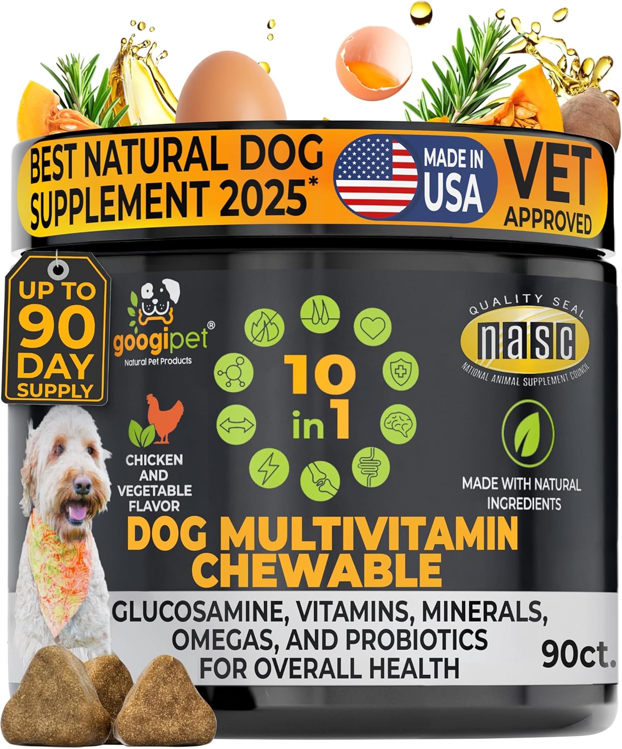 Googipet Multivitamínico Premium para Perros - Masticables 10 en 1 con Glucosamina, Probióticos y Omega-3 (Sabor a Pollo)