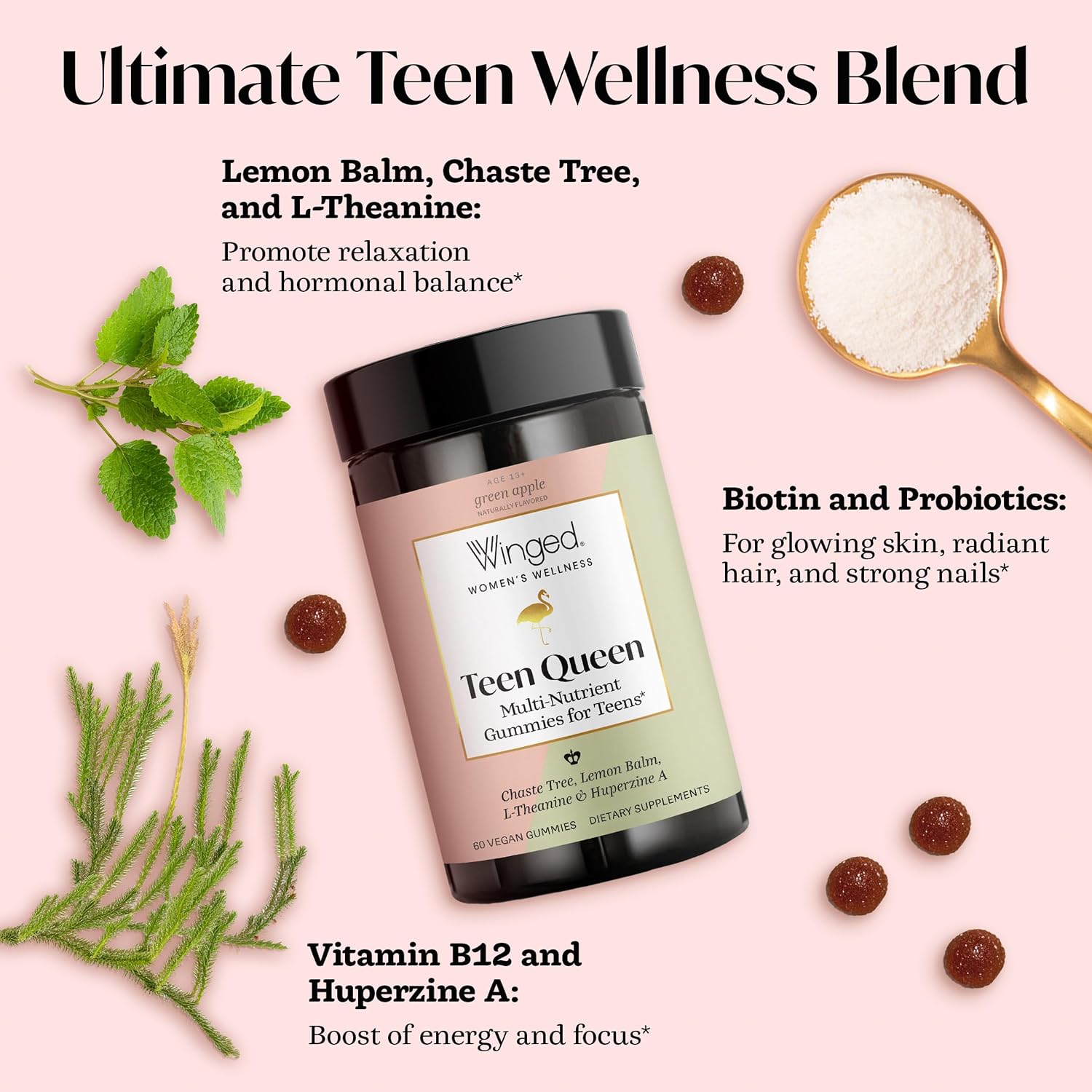 Winged Wellness Multivitamin Gummies para Adolescentes - Vitaminas para el Estado de Ánimo y Salud Hormonal - Gomitas Veganas con Chaste Tree, Lemon Balm, L-Theanine y Huperzine A - 60 Gomitas
