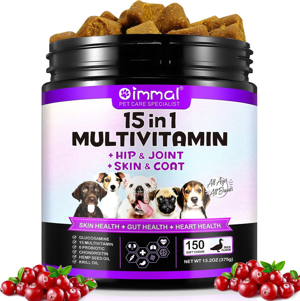 Masticables Multivitamínicos 15 en 1 para Perros con Glucosamina y Probióticos – 150 unidades