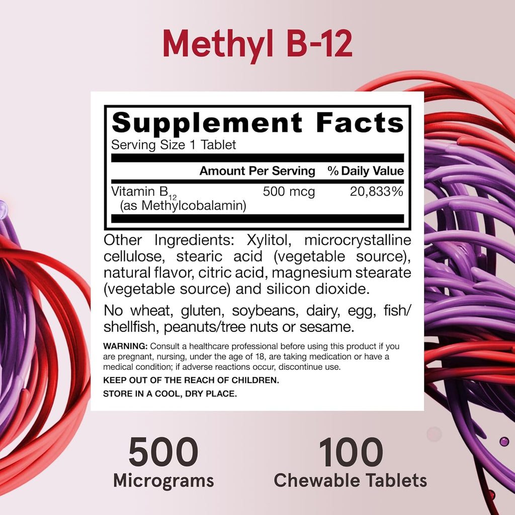Jarrow Formulas Methyl B-12 500 mg, 100 Comprimidos Masticables con Sabor a Cereza