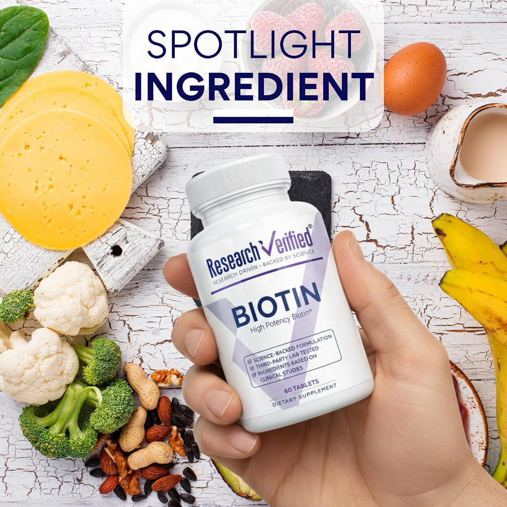 Research Verified Biotin 10000 mcg – Biotina Pura Extra Fuerte – 60 Comprimidos Veganos