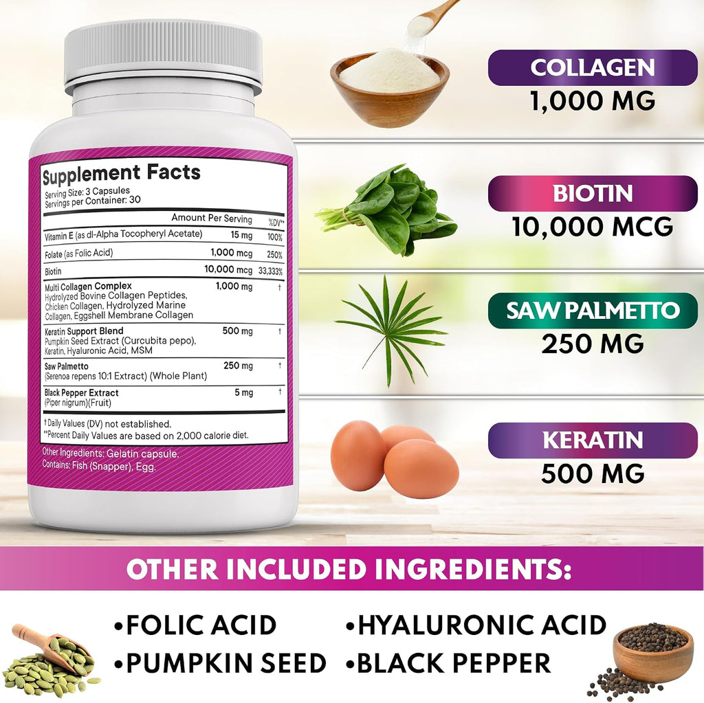 NEW AGE Cápsulas de Colágeno con Biotina, Keratina, Saw Palmetto y Ácido Hialurónico - 90 unidades