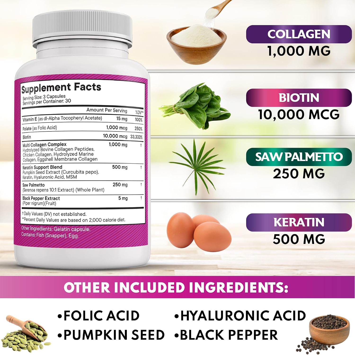NEW AGE Cápsulas de Colágeno con Biotina, Keratina, Saw Palmetto y Ácido Hialurónico - 90 unidades