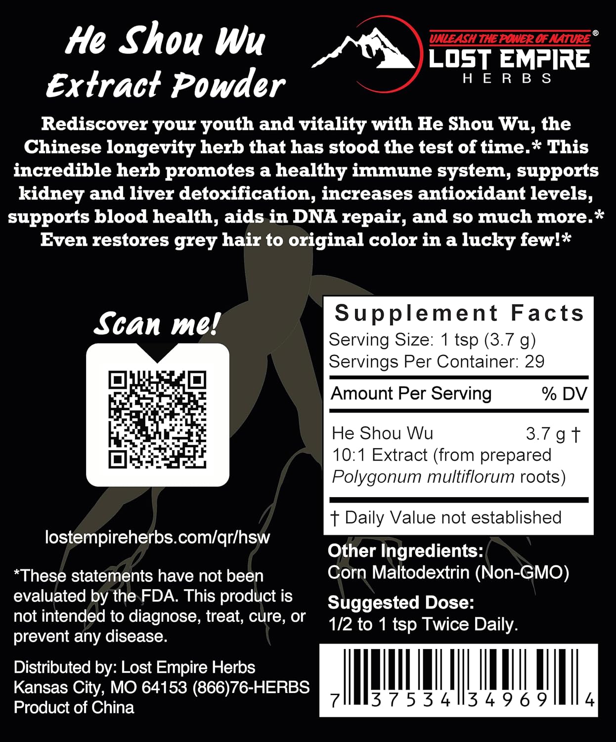 He Shou Wu 10:1 Extracto en Polvo | Raíces de Polygonum multiflorum (Fo-Ti) (100 g)