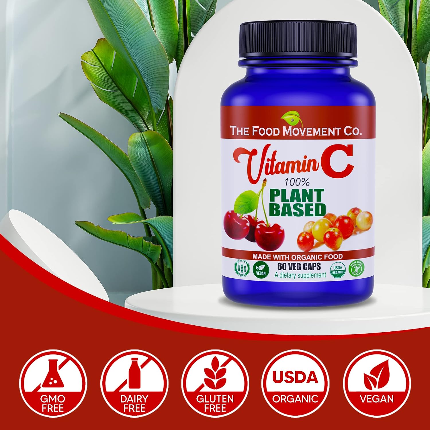 THE FOOD MOVEMENT CO. 100% Plant-Based Vitamin C - 125 mg, 60 Cápsulas - Suplemento Alimenticio Vegano y Orgánico