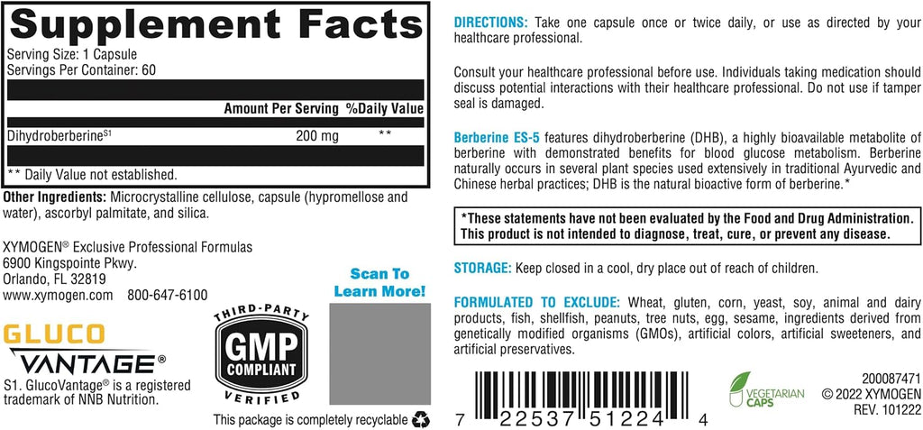 XYMOGEN Berberine ES-5 - 200 mg Dihidroberberina - 60 Cápsulas