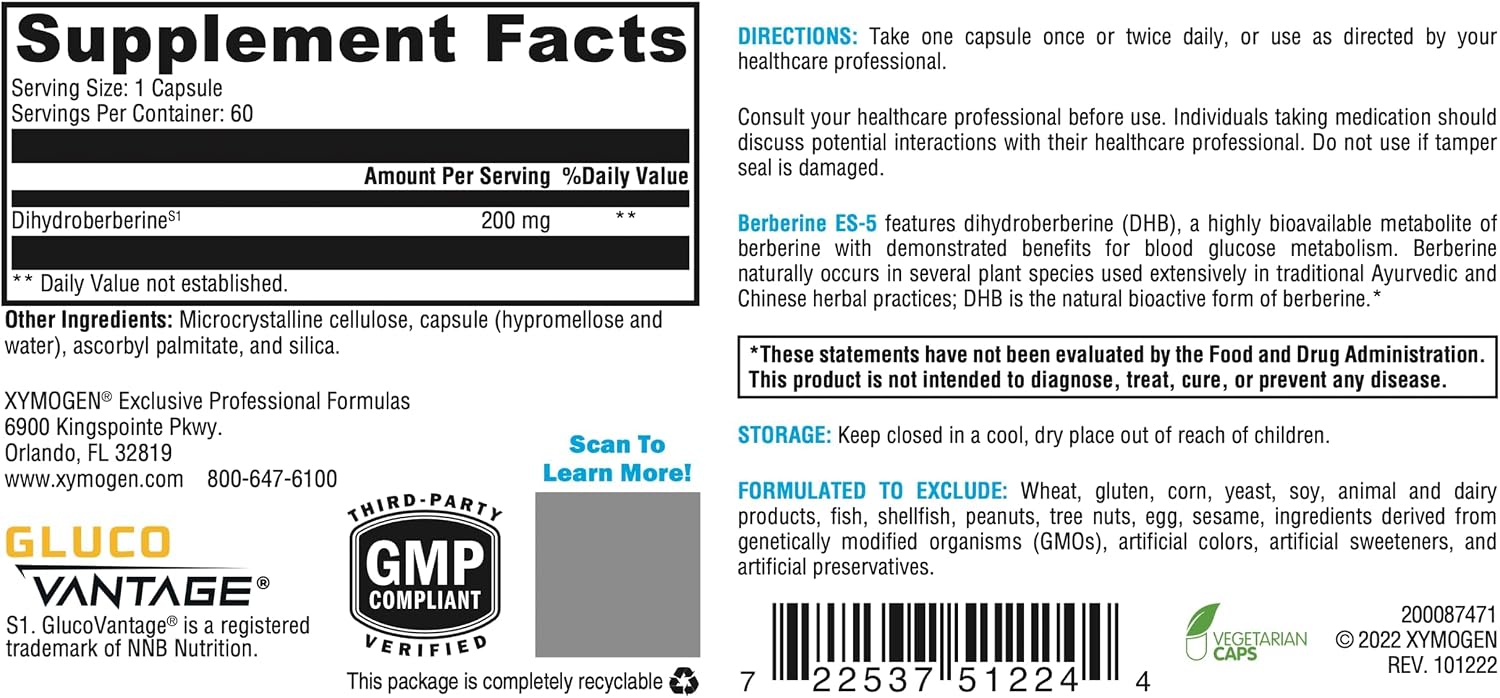 XYMOGEN Berberine ES-5 - 200 mg Dihidroberberina - 60 Cápsulas