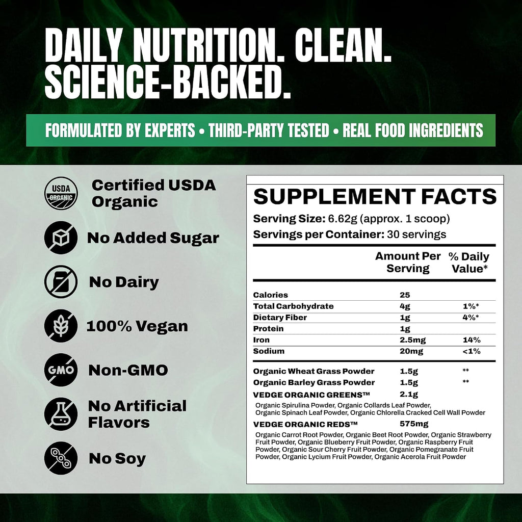 VEDGE Nutrition Organic Greens – Superalimentos Verdes Veganos en Polvo – 30 Raciones – Sabor Bayas Mixtas