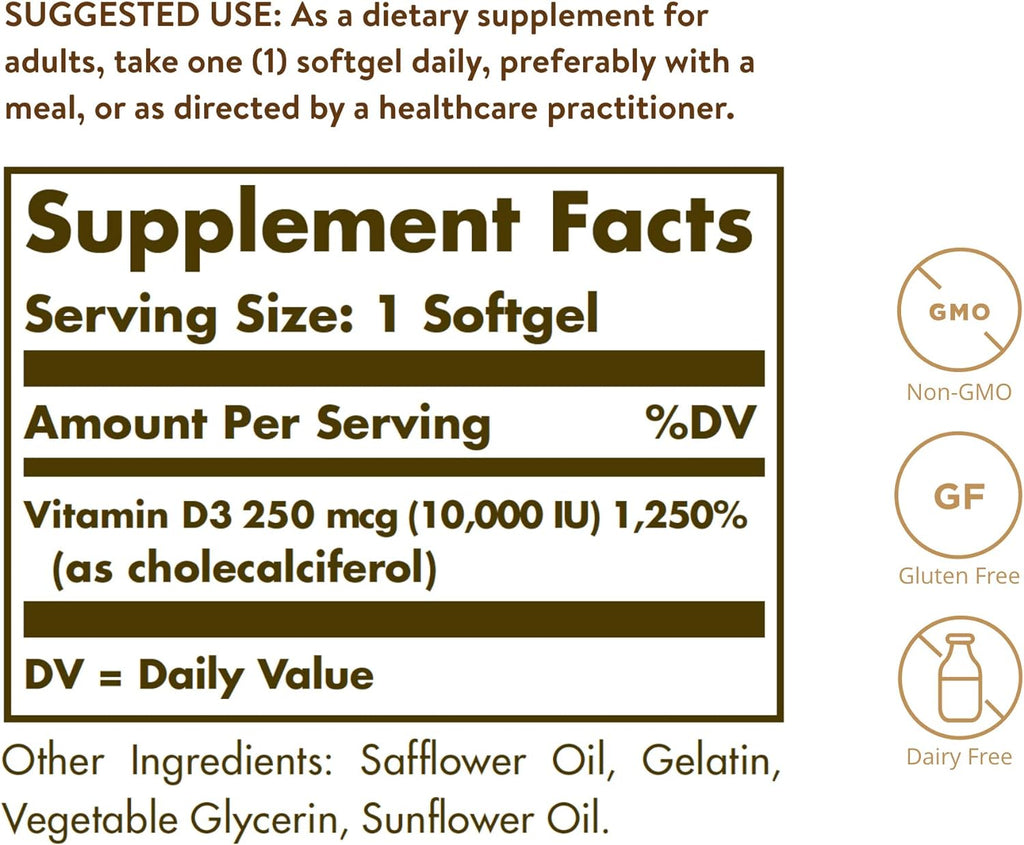Solgar Vitamina D3 (Colecalciferol) 10.000 UI, 120 Cápsulas Blandas