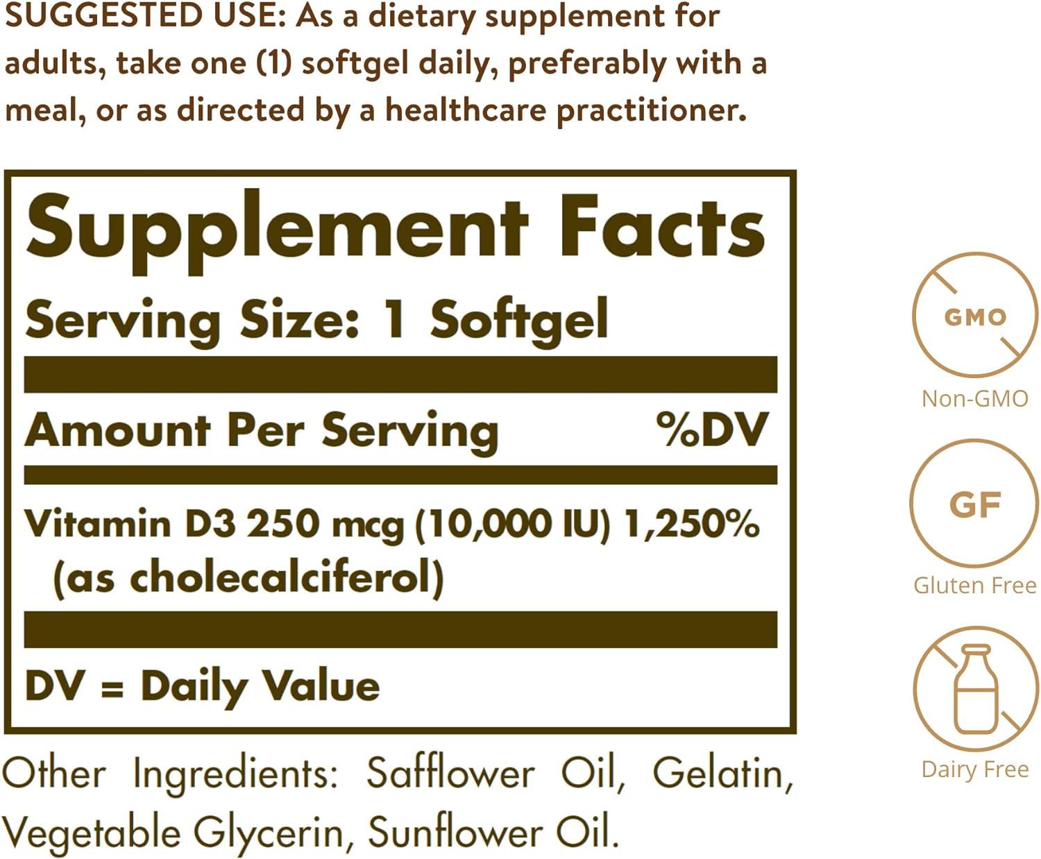 Solgar Vitamina D3 (Colecalciferol) 10.000 UI, 120 Cápsulas Blandas