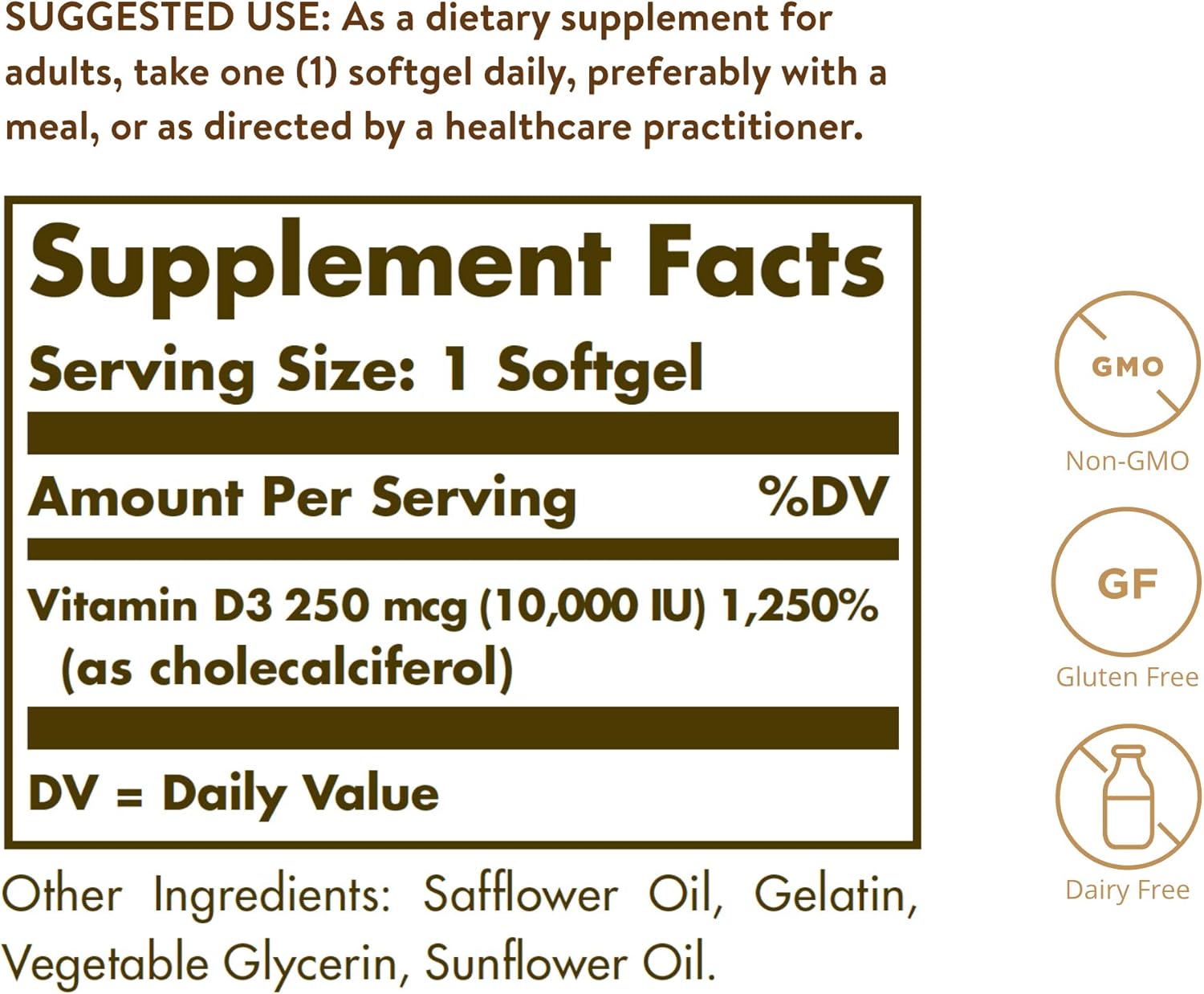 Solgar Vitamina D3 Colecalciferol 250 mcg (10000 UI) Cápsulas blandas - 180 unidades