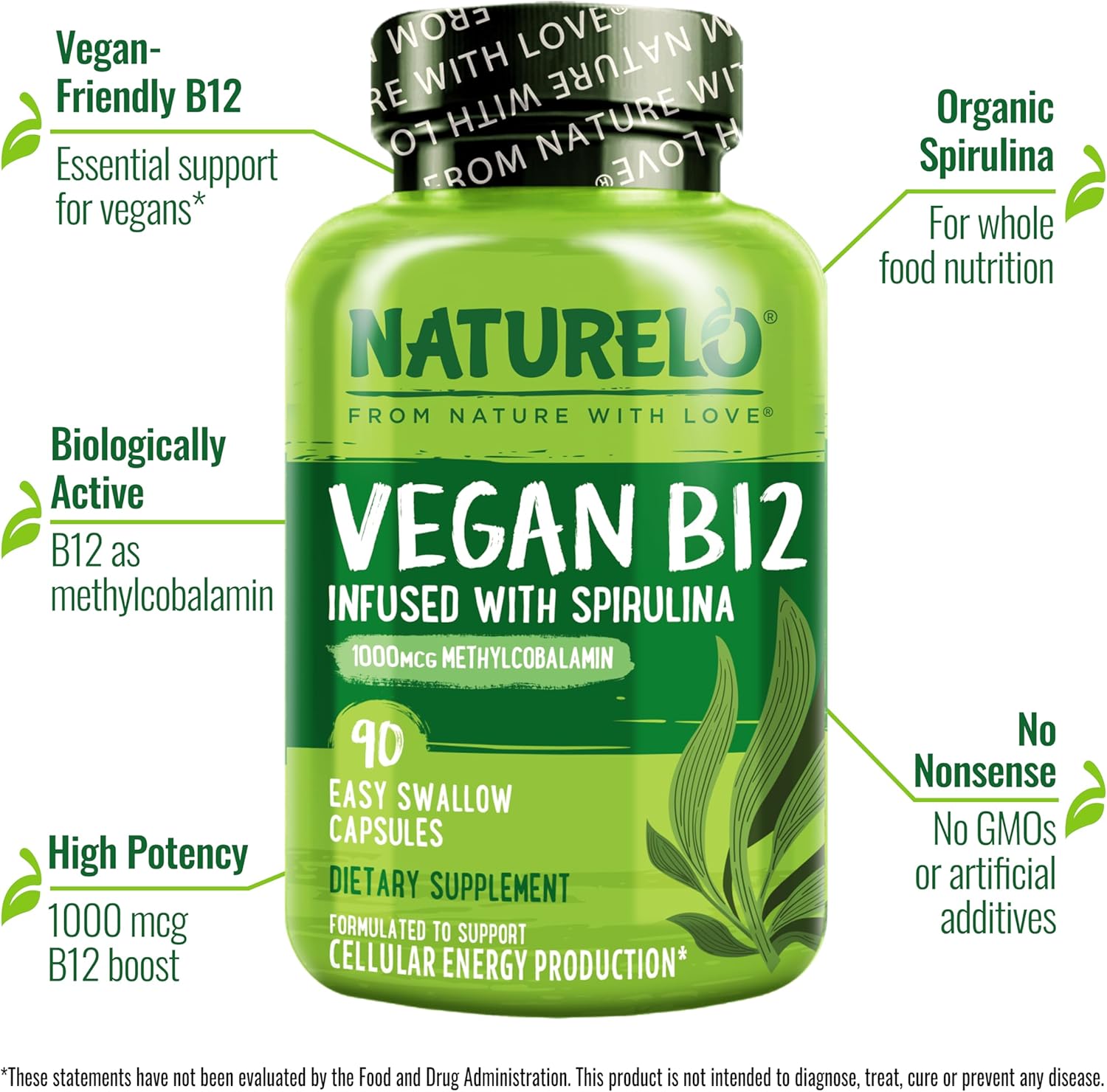 NATURELO Vitamina B12 Vegana - Metilcobalamina 1000 mcg con Espirulina Orgánica - 90 Cápsulas (Pack de 2)