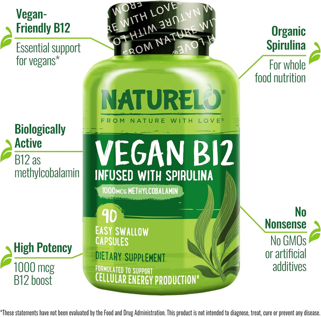 NATURELO Vitamina B12 Vegana 1000 mcg Metilcobalamina con Espirulina Orgánica - 90 Cápsulas (Envase de 2)