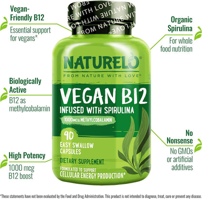 NATURELO Vitamina B12 Vegana 1000 mcg – Sistema nervioso: Contribuye al funcionamiento normal del sistema – Image 2