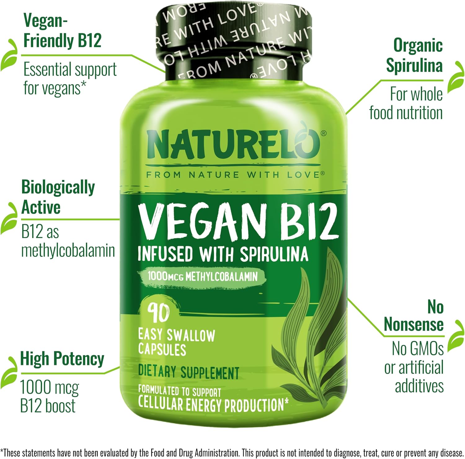 NATURELO Vitamina B12 Vegana – Metil B12 con Espirulina Orgánica – 1000 mcg Metilcobalamina – 90 Cápsulas