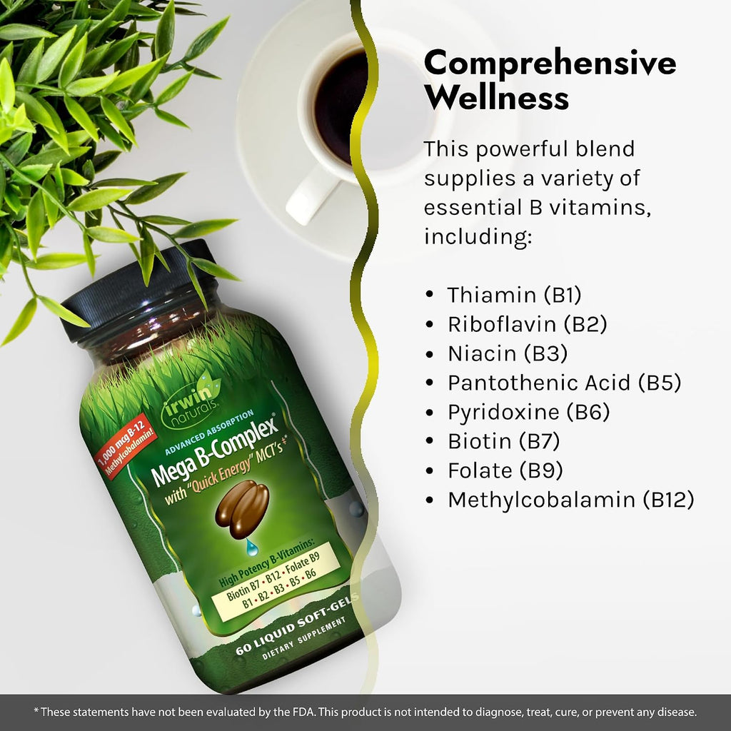 Irwin Naturals Advanced Absorption Mega-B Complex - 60 Cápsulas Blandas Líquidas - Vitaminas B de Alta Potencia con MCTs de Energía Rápida