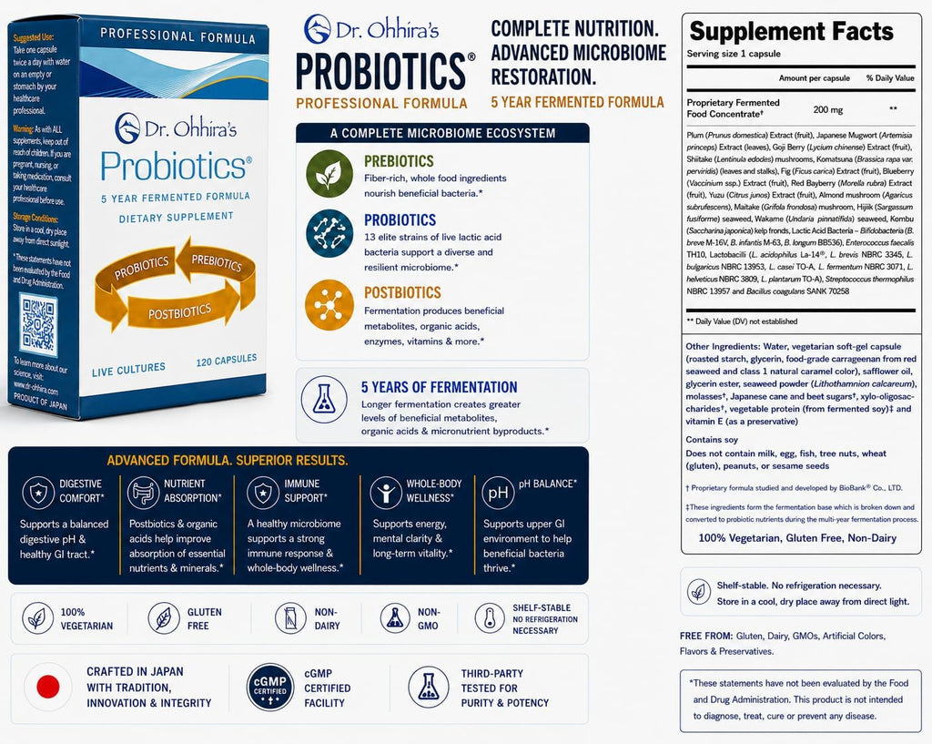 Dr. Ohhira’s Probiotics Professional Formula – Probiótico Japonés Fermentado 5 Años con Prebióticos, Probióticos y Posbióticos – 13 Cepas – 120 Cápsulas Vegetarianas