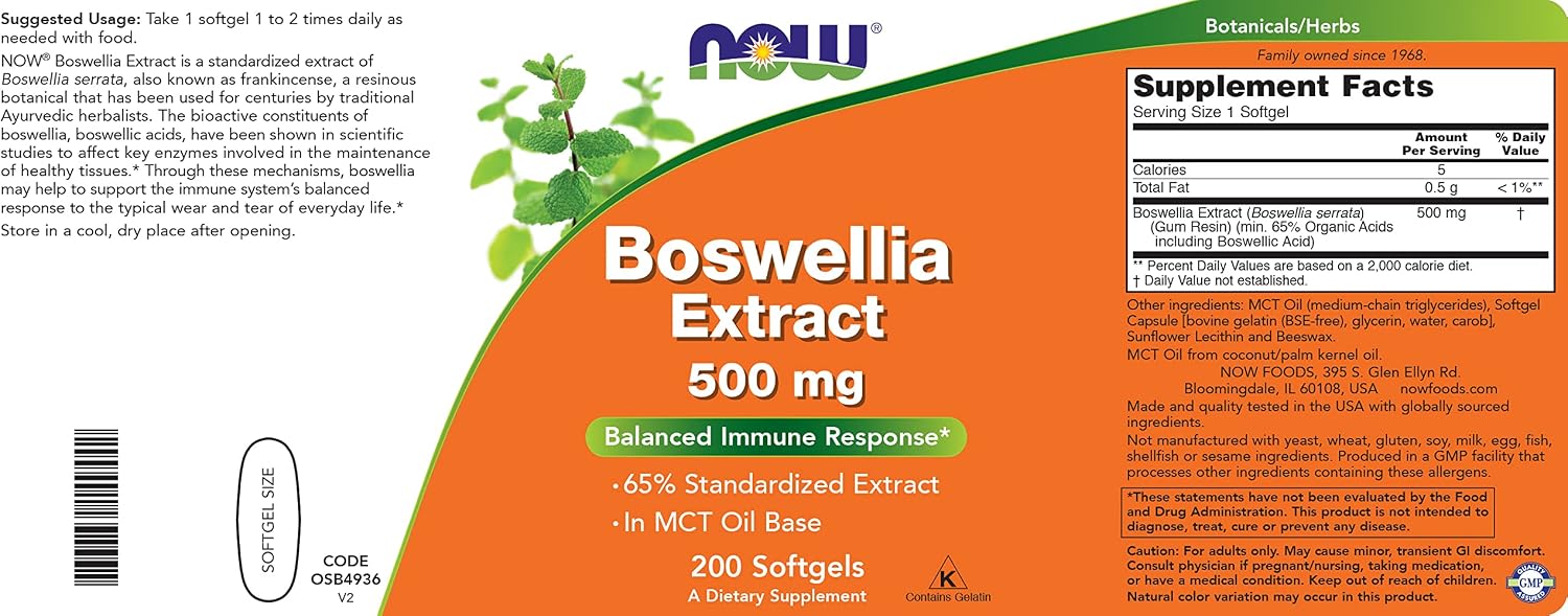 Now Boswellia Extract 500 mg, 200 Cápsulas (Pack de 2) - Extracto Estandarizado