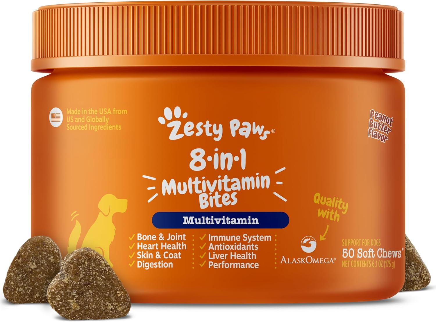Zesty Paws Multivitamínico para Perros, Masticables con Glucosamina, Omega-3 y Probióticos - 50 unidades