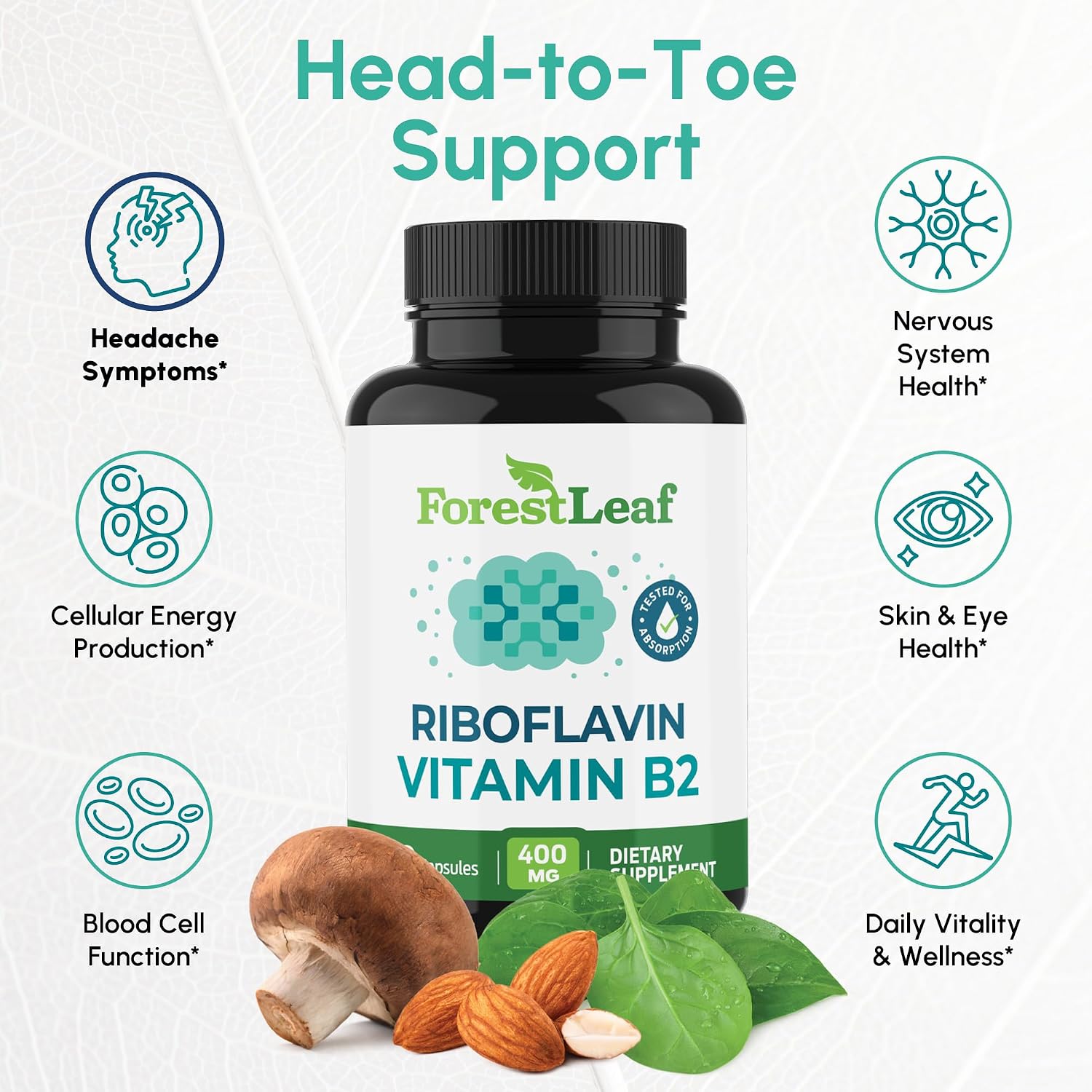 ForestLeaf Vitamina B2 Riboflavina 400 mg - 90 Cápsulas Vegetales