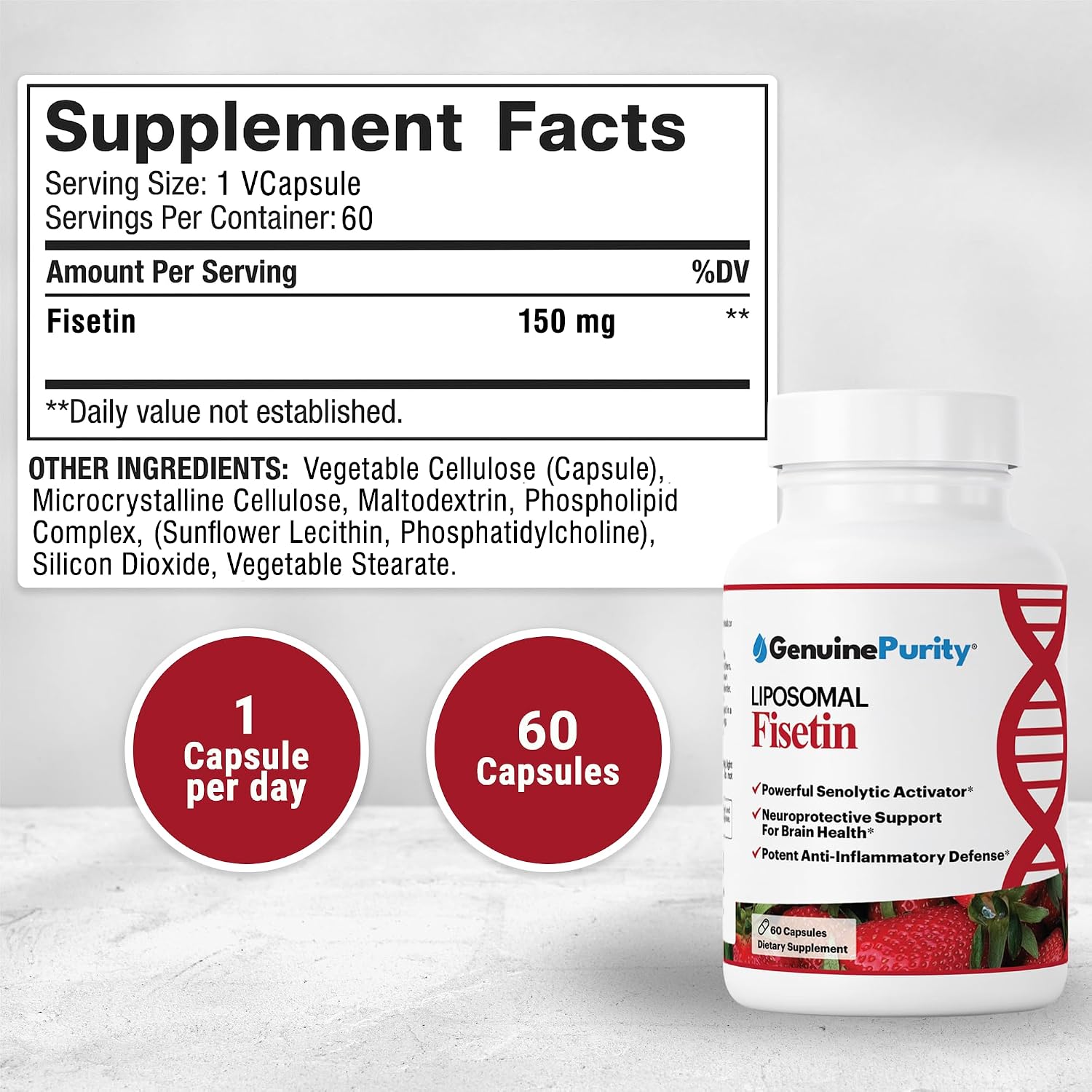 GenuinePurity Liposomal Fisetin 150mg — 60 Cápsulas Veganas para la Salud Celular, Defensa Antioxidante y Bienestar Cognitivo
