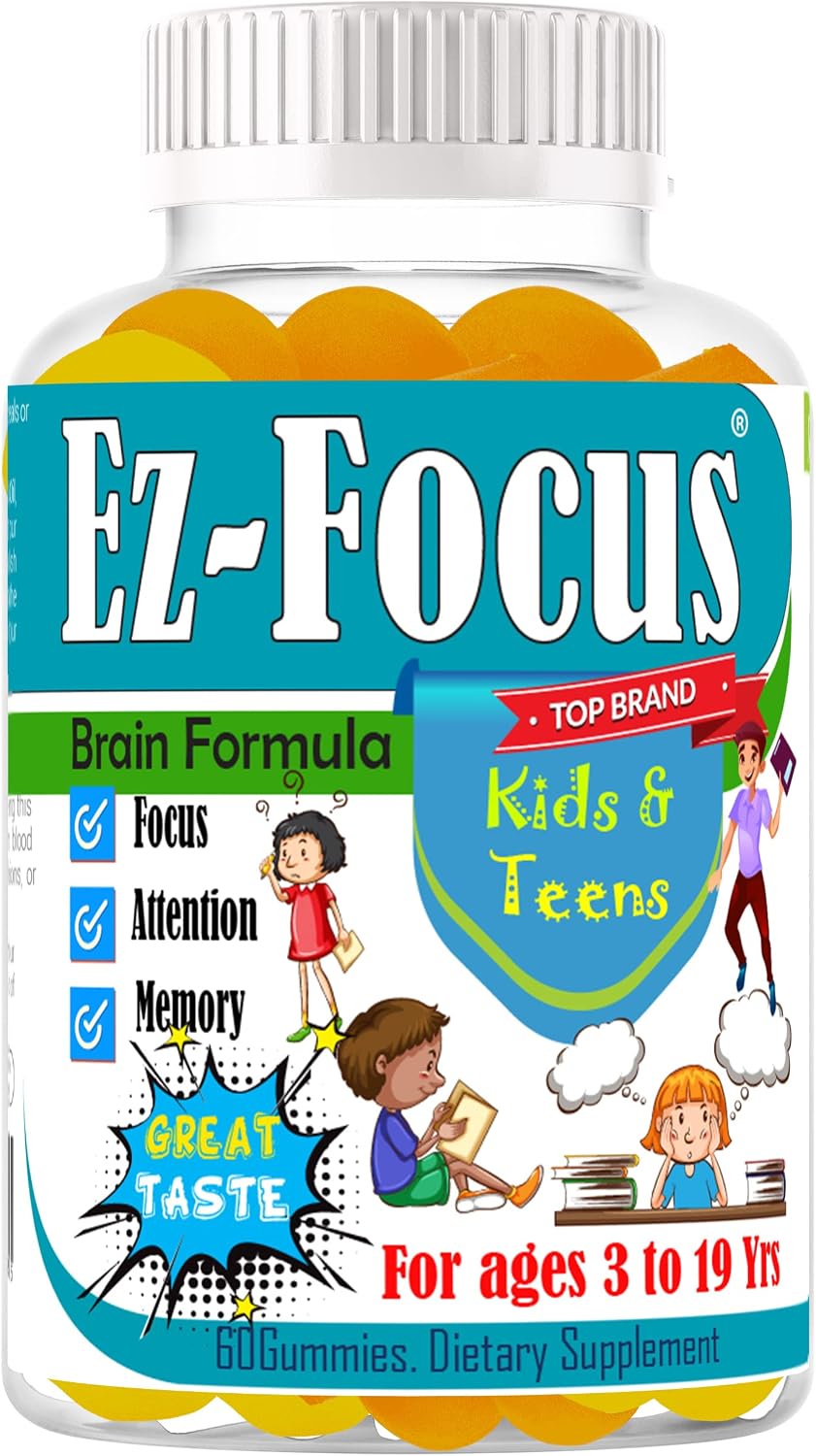 Ez-Focus Gominolas para Niños y Adolescentes – Apoyo al Enfoque Cerebral, Memoria y Concentración, DHA y Omega-3, 60 gominolas