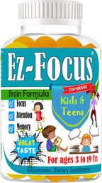 Ez-Focus Gominolas para Niños y Adolescentes – Apoyo al Enfoque Cerebral, Memoria y Concentración, DHA y Omega-3, 60 gominolas