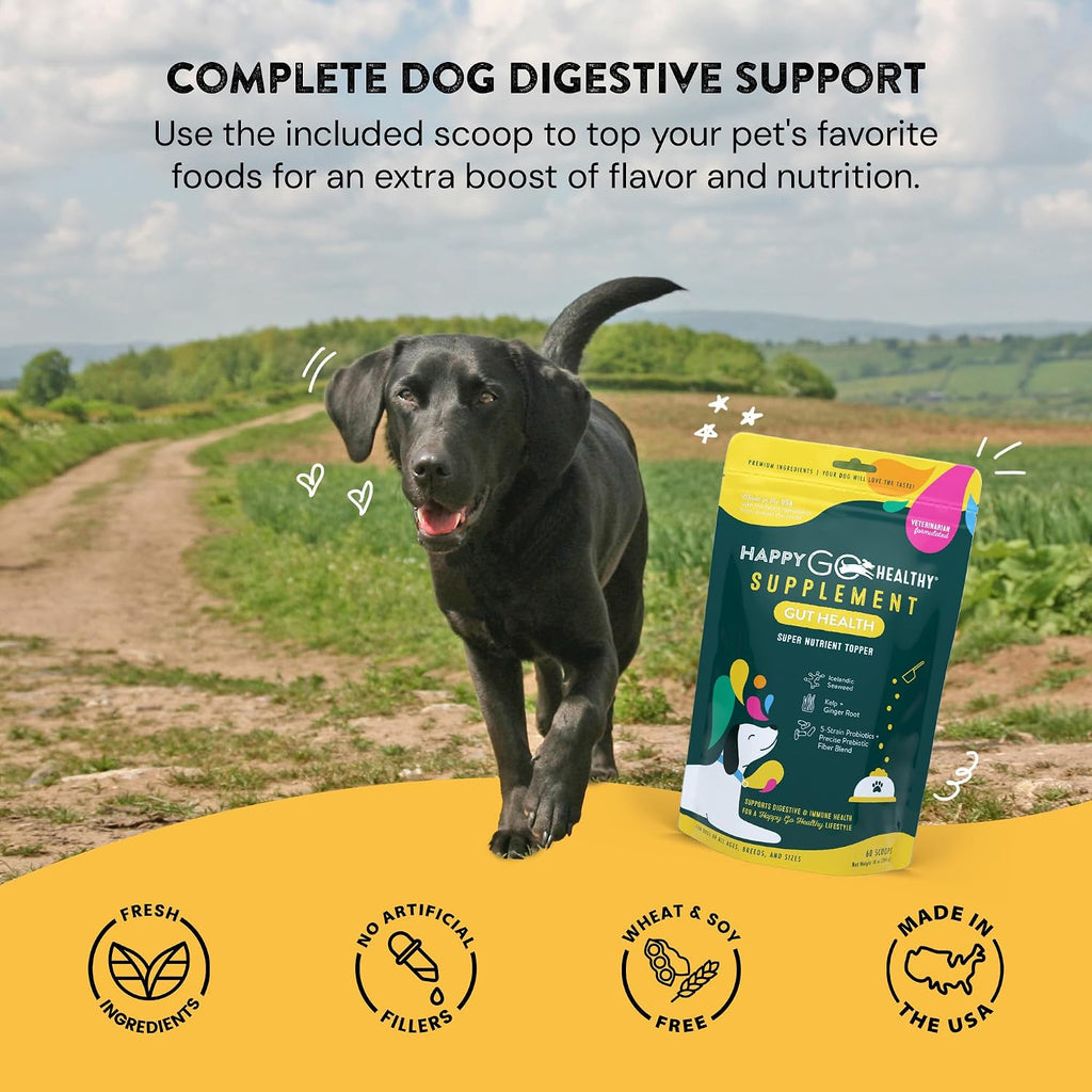 Happy Go Healthy Probióticos para Perros - Salud Digestiva e Inmunidad - Topper de Kibble Natural - 60 Comprimidos
