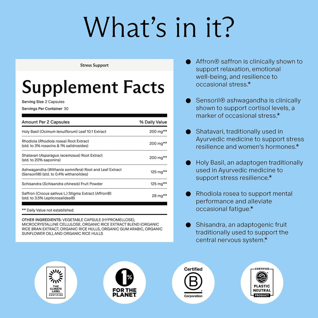 Needed. Stress Support - Mezcla Herbolaria para el Estado de Ánimo, Energía y Equilibrio Hormonal para Mujeres - Suplemento de Shatavari, Ashwagandha, Rhodiola - No OGM - 120 Cápsulas