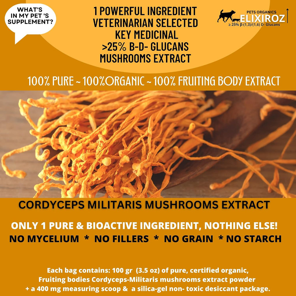 Extracto de Cordyceps para Perros y Gatos – 25%+ Beta Glucanos – Cuerpo Fructífero – 250 Dosis