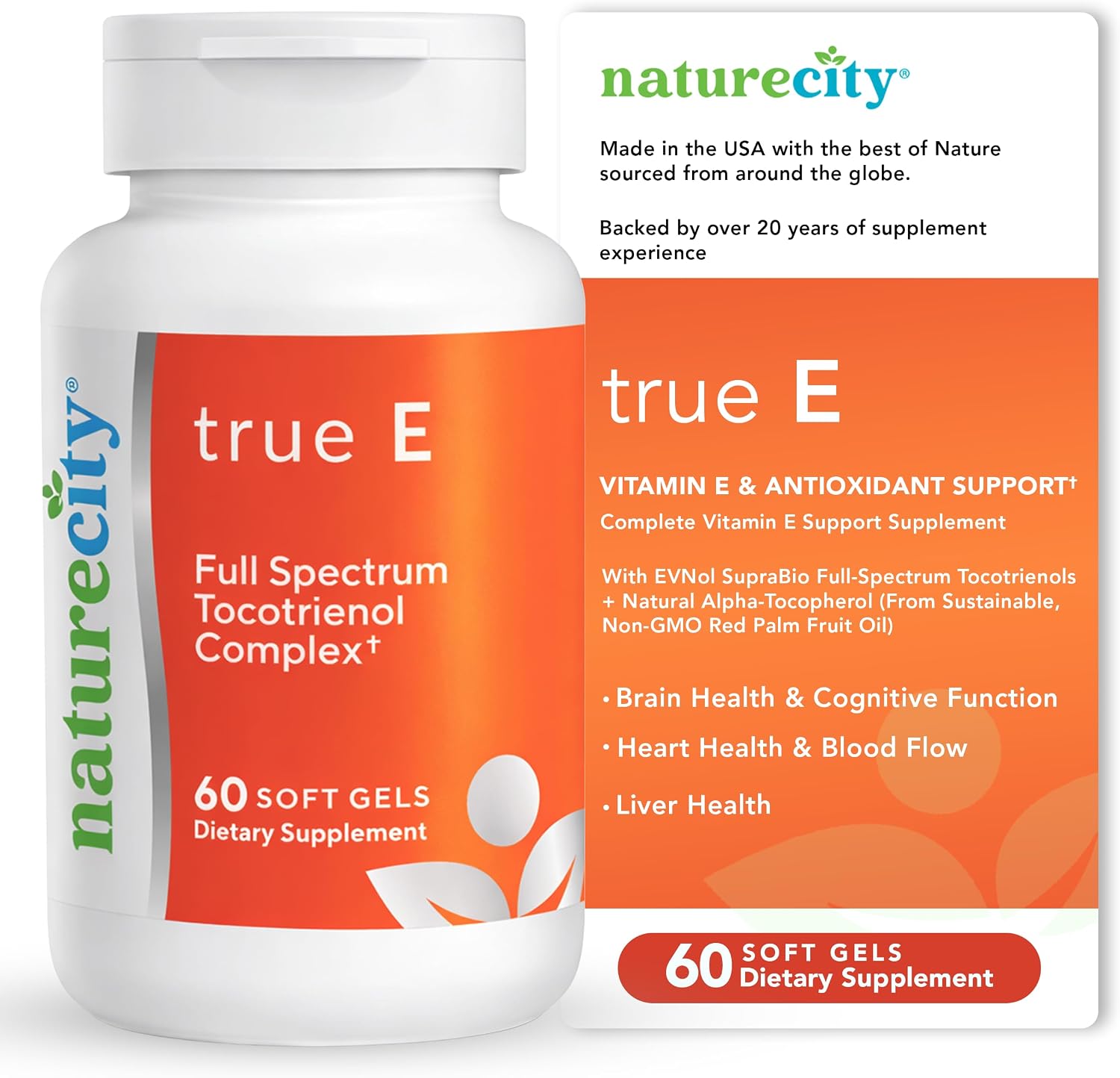 NatureCity True-E Vitamina E con Tocotrienoles y Alfa Tocoferol Natural | Complejo de Vitamina E No OGM | 60 Cápsulas Blandas