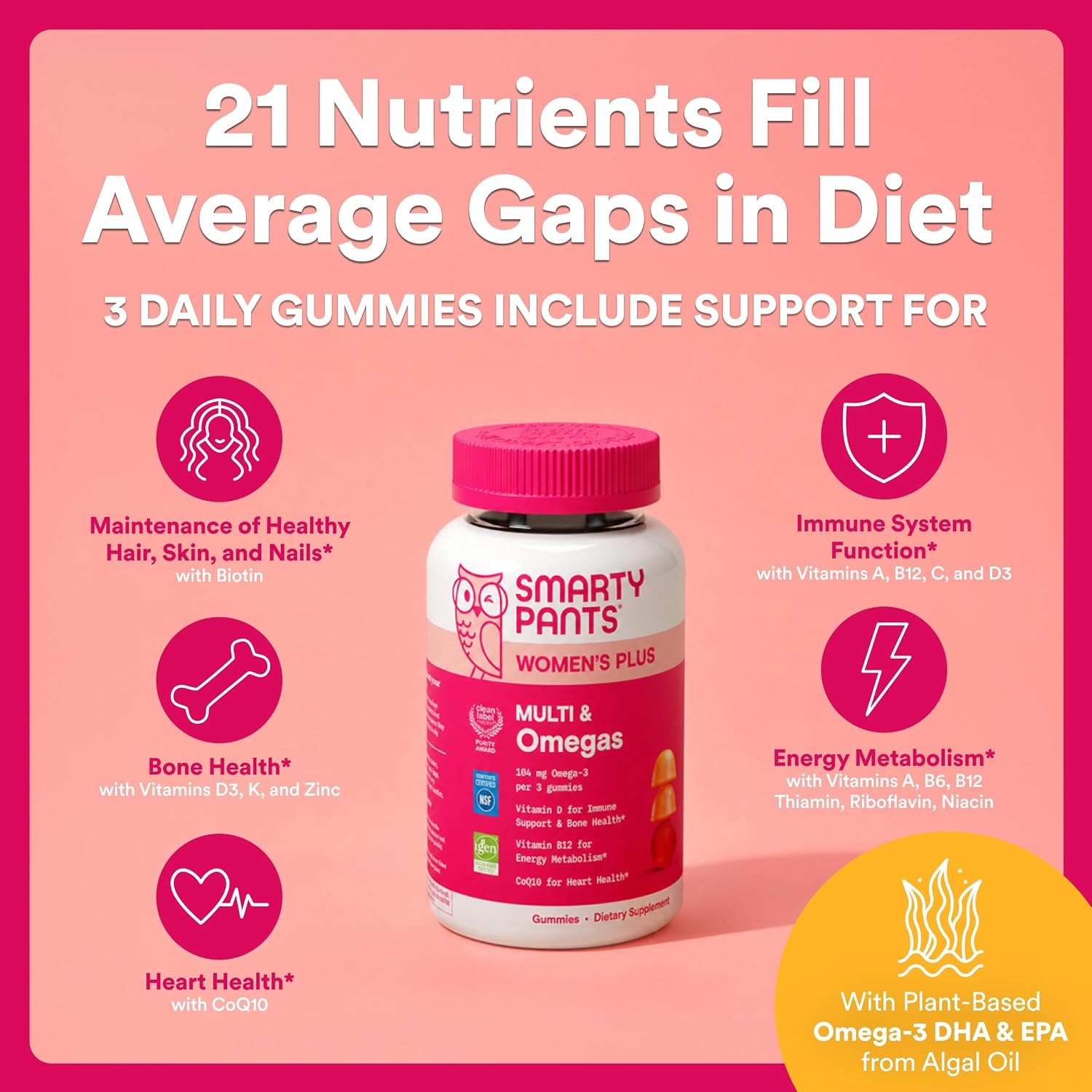 SmartyPants Gominolas Multivitamínicas para Mujeres, Omega 3 DHA/EPA, Metilfolato, CoQ10, Vitamina D3, C, B12, B6, A, K, Zinc, Tres Sabores de Fruta, 90 Gominolas (Suministro para 30 Días)