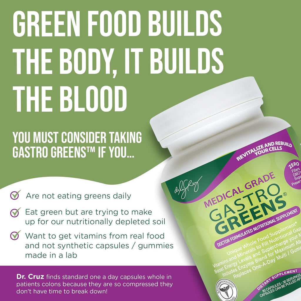 Dr. Liz Cruz Gastro Greens - Suplemento de Verduras con Enzimas, 90 Cápsulas