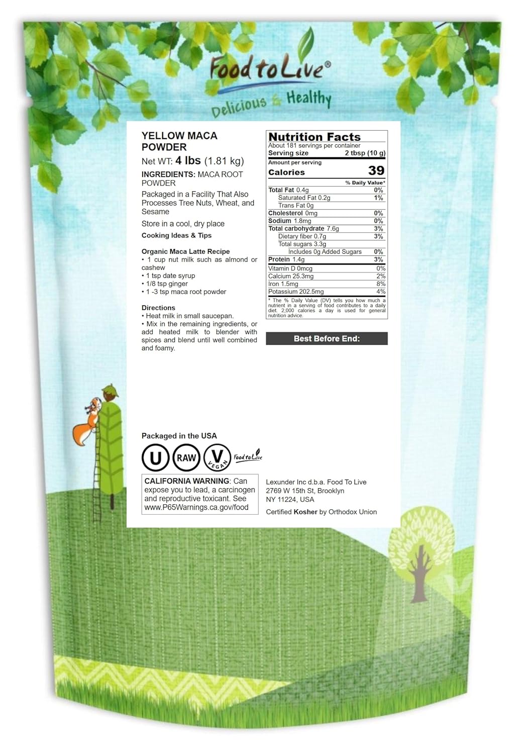 Food to Live Yellow Maca Powder, 4 Libras – Maca Raíz Cruda Molida, Vegano, Kosher, Keto, Sin Gelatinizar, Rica en Vitamina C