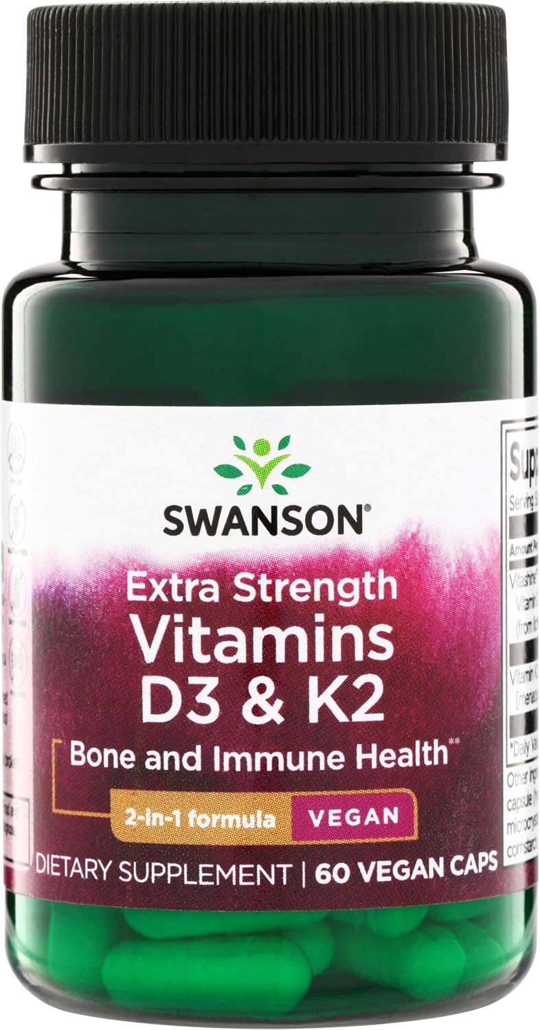 Swanson Extra Strength D3 & K2, 5000 UI y 100 mcg, 60 cápsulas veganas