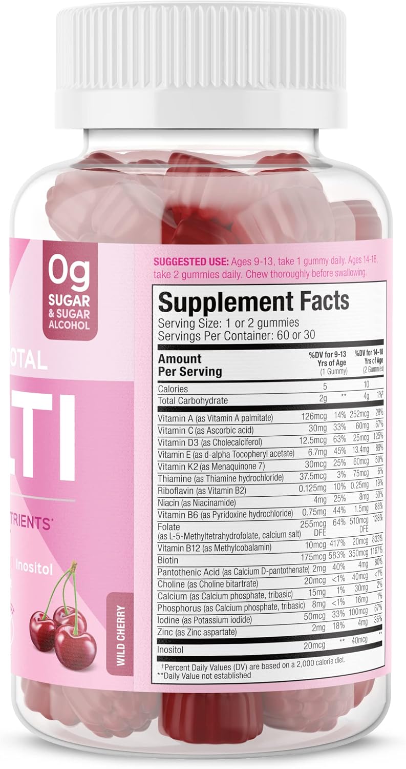 SUKU Gominolas Multivitamínicas para Chicas Adolescentes - Sin Azúcar - 60 Gomitas Sabor Cereza