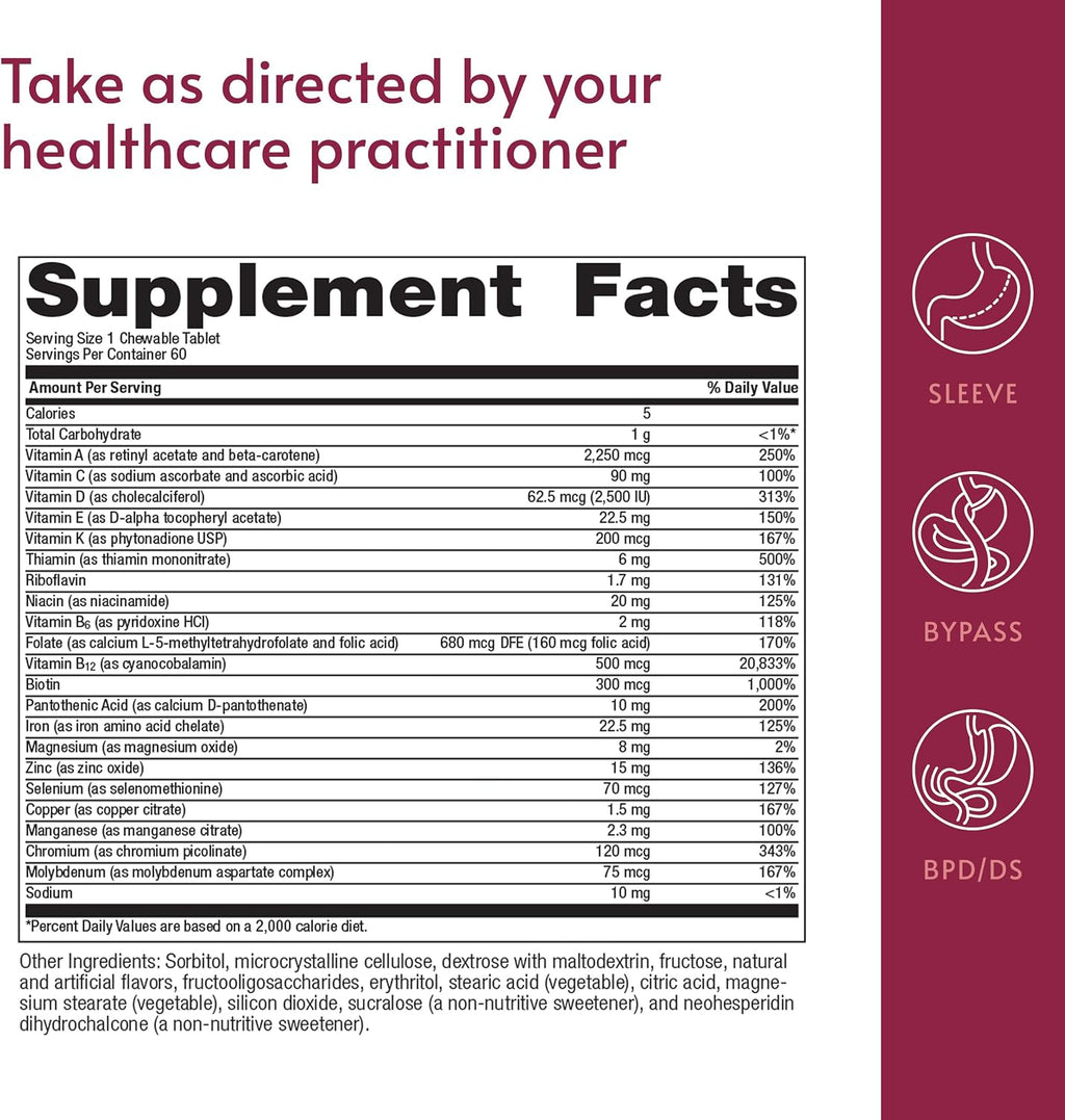 Bariatric Advantage High ADEK Masticable con Hierro - Multivitamínico para Pacientes Bariátricos - Vitaminas A, D, E y K - Incluye Vitaminas B - Sabor Tropical - 60 Comprimidos Masticables