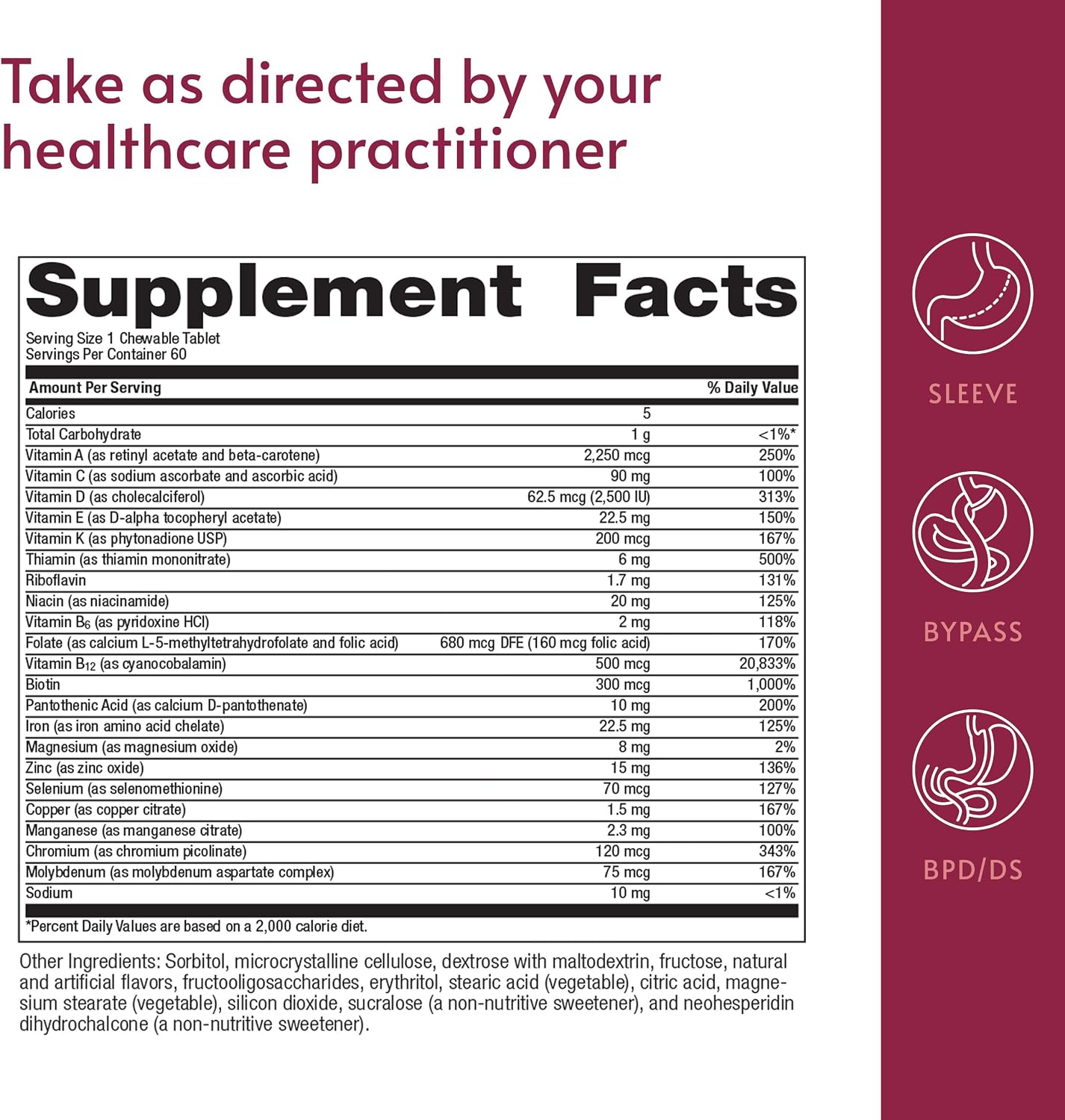 Bariatric Advantage High ADEK Masticable con Hierro - Multivitamínico para Pacientes Bariátricos - Vitaminas A, D, E y K - Incluye Vitaminas B - Sabor Tropical - 60 Comprimidos Masticables