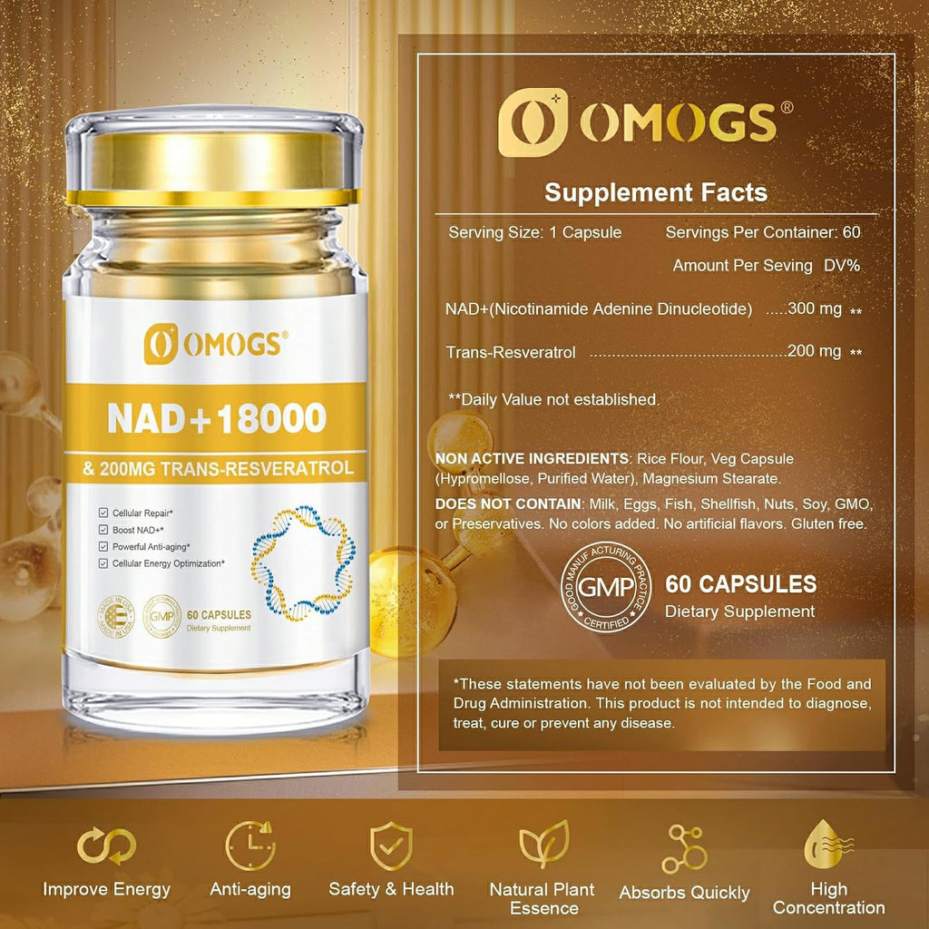 OMOGS NAD+ 300 mg + Trans-Resveratrol 200 mg, Suplemento de NAD+ Puro, Máxima Absorción, para Reparación del ADN, Envejecimiento Saludable, Energía Celular y Longevidad, 60 Cápsulas