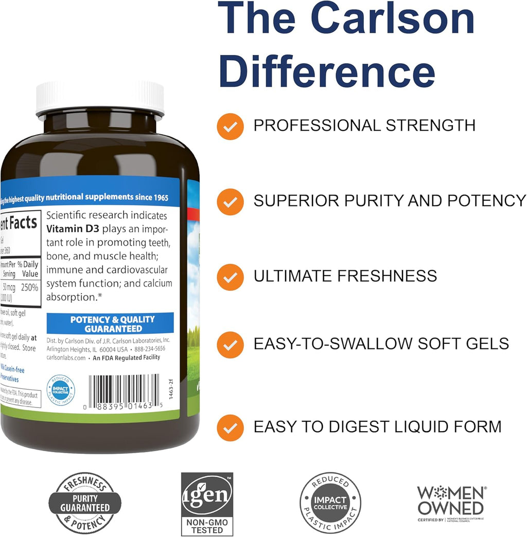 Carlson - Vitamina D3, 2000 UI (50 mcg), 360 Cápsulas Blandas