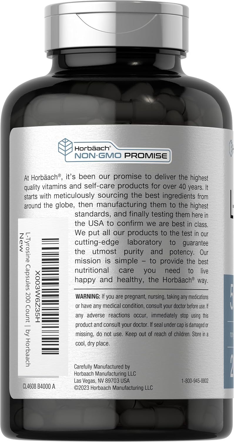 Horbaach L-Tirosina 500 mg | 200 Cápsulas | Suplemento de Aminoácido No OGM y Sin Gluten