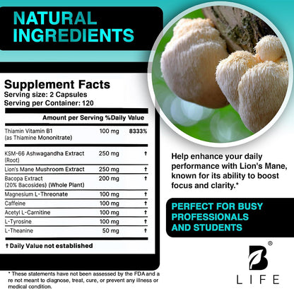 Cápsulas de Lion's Mane – Memoria, Enfoque y Claridad – Suplemento Nootrópico con Ashwagandha, Tiamina (B1), Magnesio – Image 5