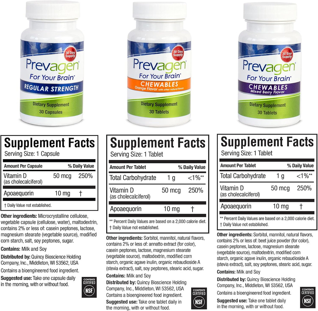 Prevagen Variety Pack - 90 Unidades (Suministro para 3 Meses) | Cápsulas y Comprimidos Masticables Mixed Berry y Naranja | 10 mg de Apoaequorina más Vitamina D3