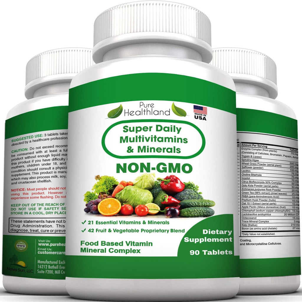 Pure Healthland Super Daily Multivitamin for Adults - 42 Fruits and Vegetables + 21 Vitamins and Minerals - Vegan Tablets, 90 Count