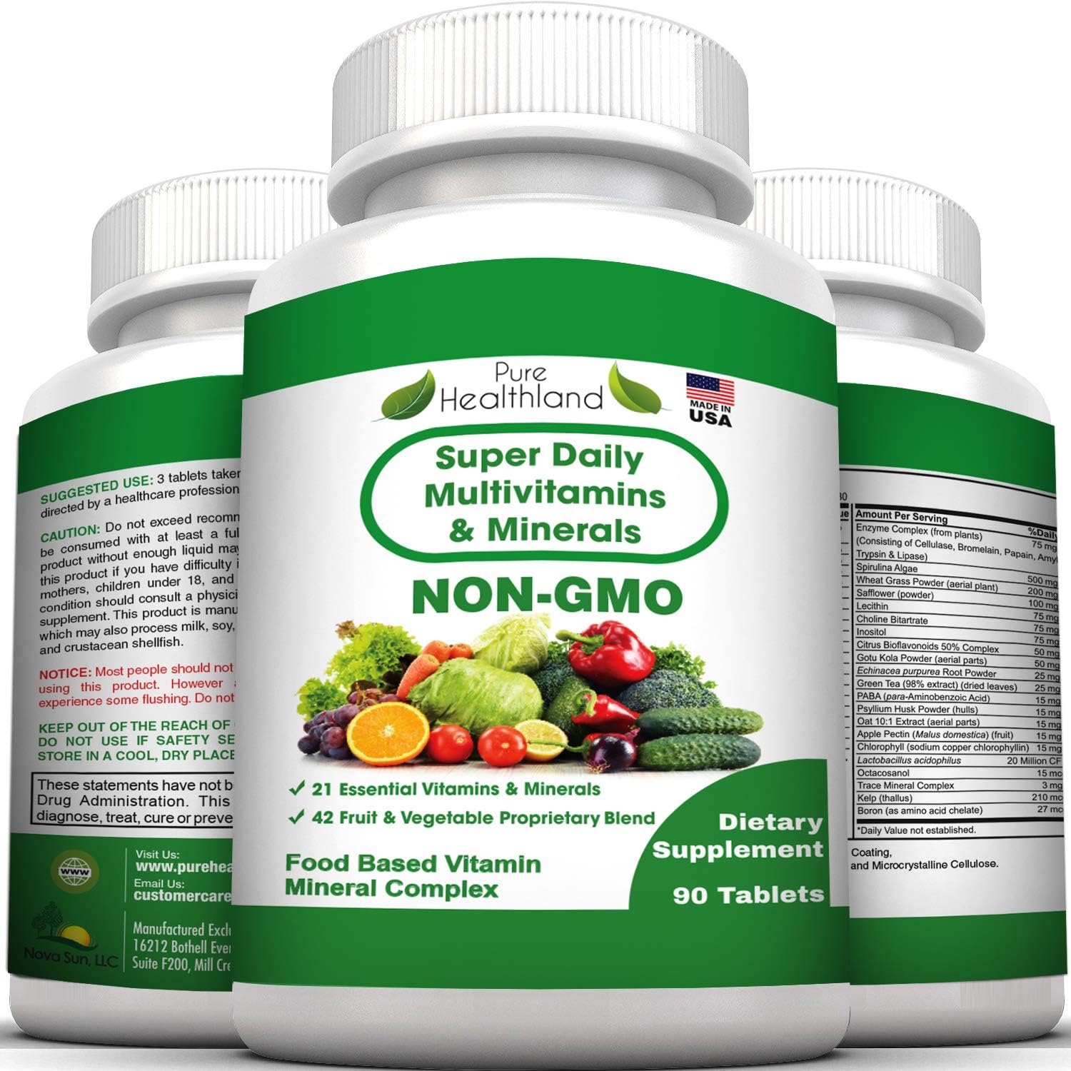 Pure Healthland Super Daily Multivitamin for Adults - 42 Fruits and Vegetables + 21 Vitamins and Minerals - Vegan Tablets, 90 Count