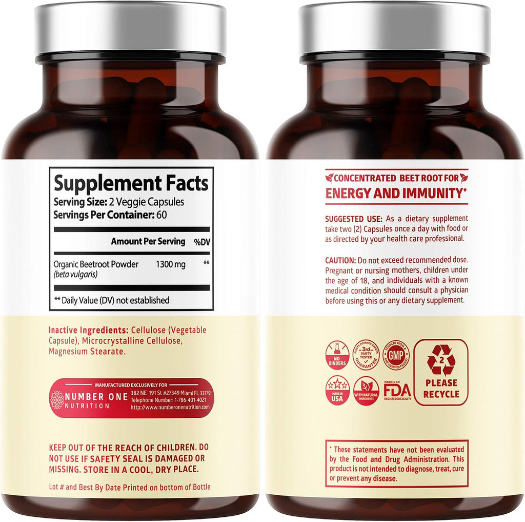 N1N Premium Organic Beet Root Capsules 1300mg 120 cápsulas vegetales