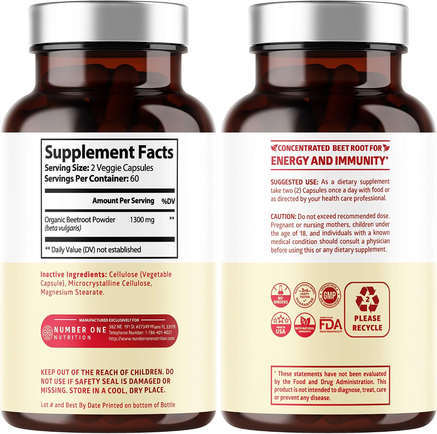 N1N Premium Organic Beet Root Capsules 1300mg 120 cápsulas vegetales