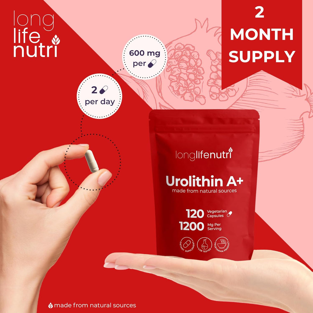 Urolithin A 1200mg - 120 Cápsulas Vegetales de Postbiótico Puro de Granada, Analizado, Vegano