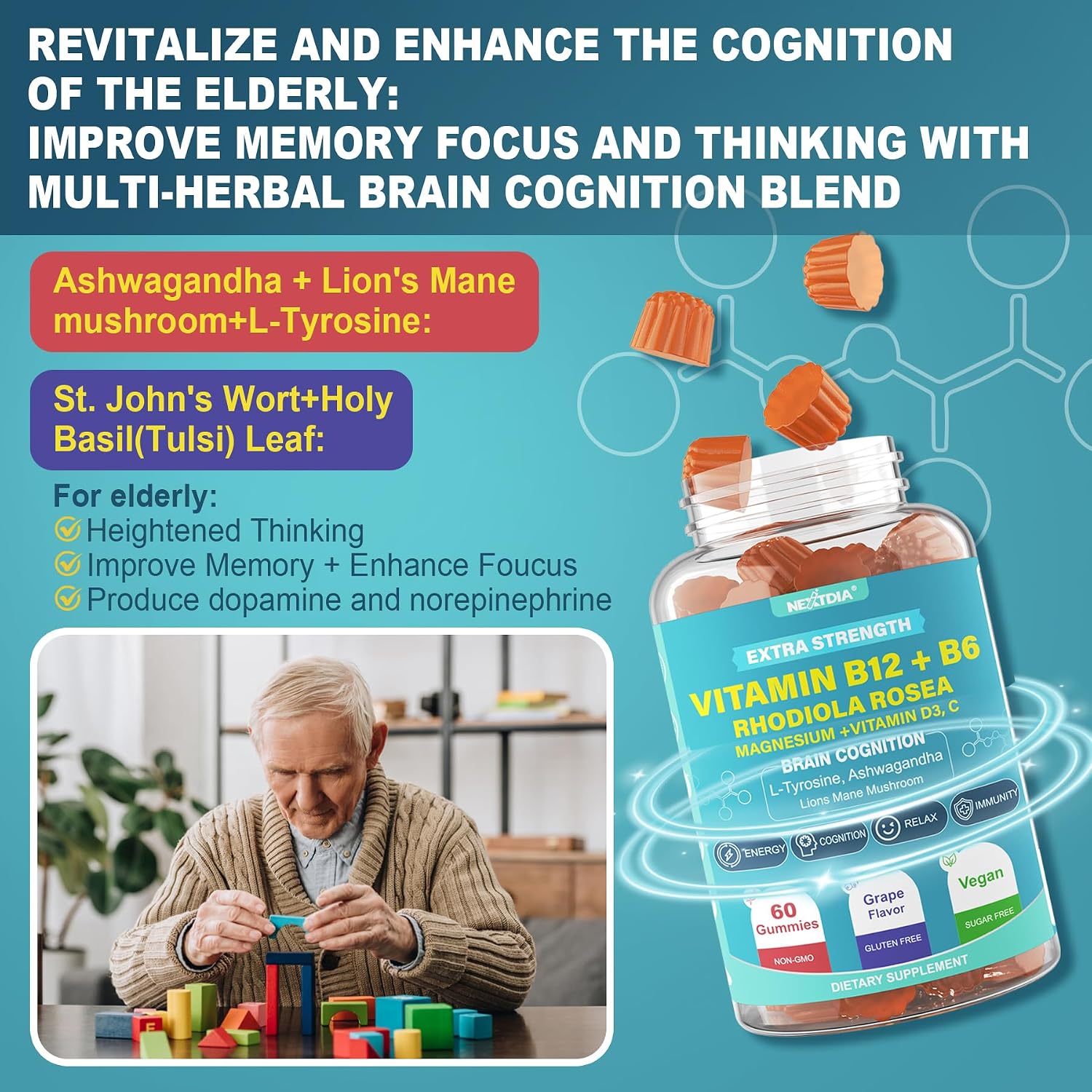 Gominolas Focus Memory & Energy - L-Tirosina + Metil B12 1000mcg, B6 50mg, D3, C, Melena de León, Ashwagandha - Complemento para la Memoria y Energía - 1 Pack